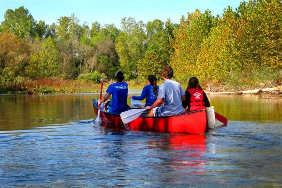 Four people seen from behind rowing a canoe along a waterway